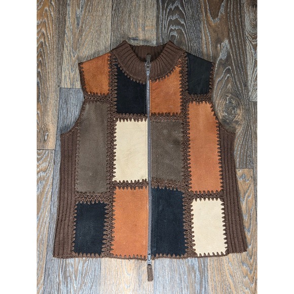 Planet & Company Petite Jackets & Blazers - Planet & Company Petite Leather Patchwork Sweater Vest Brown Multi Full Zip PS